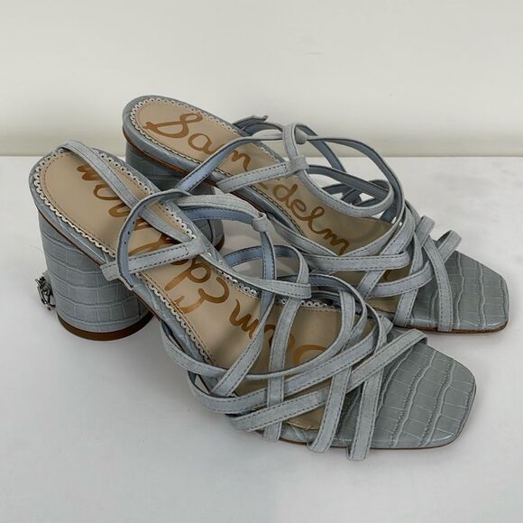 CLEARANCE Sam Edelman Strappy Heels Size 7.5 Silver Blue Formal Block Heel - Picture 1 of 9